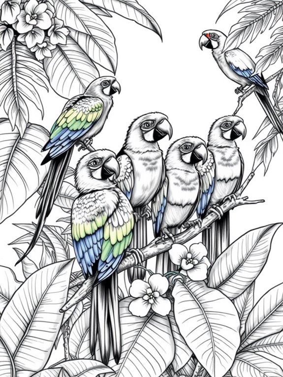 parrots in jungle coloring