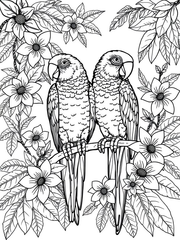 parrots surrounded by flowers