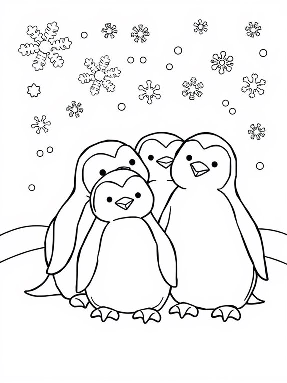 penguins and snowflakes coloring page