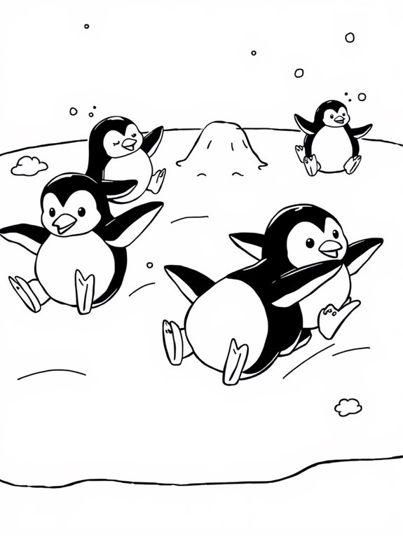 penguins gliding on ice