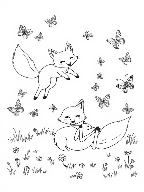 playful foxes with butterflies