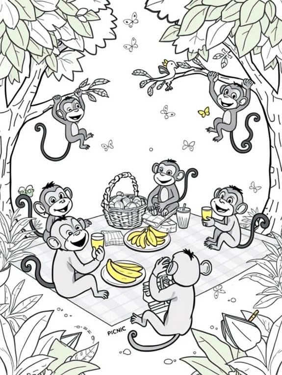 playful monkeys picnic scene