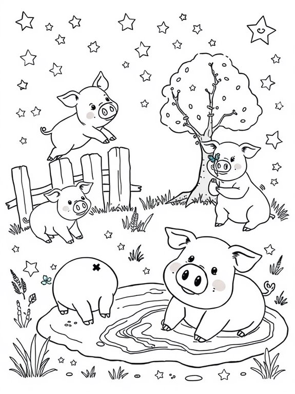 playful pigs under stars