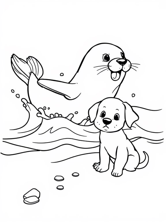 playful pup with seals