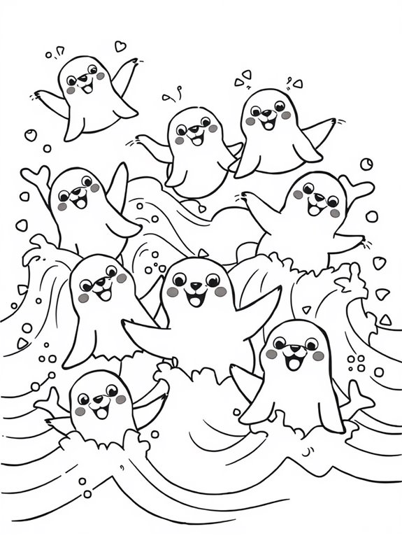 playful seals in waves