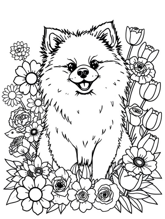 pomeranian surrounded by flowers