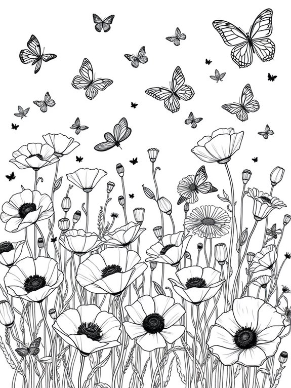 poppies and butterflies coloring page