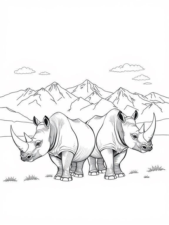 rhinos against mountain scenery