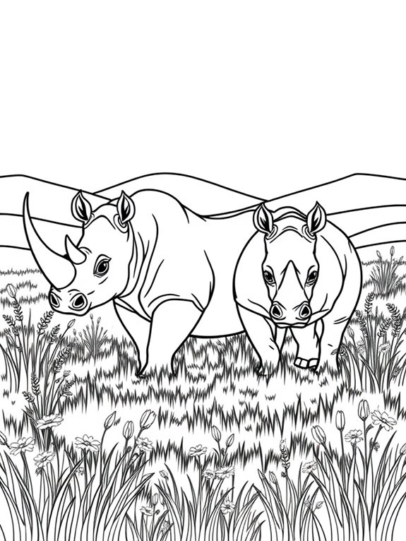 rhinos in green meadow