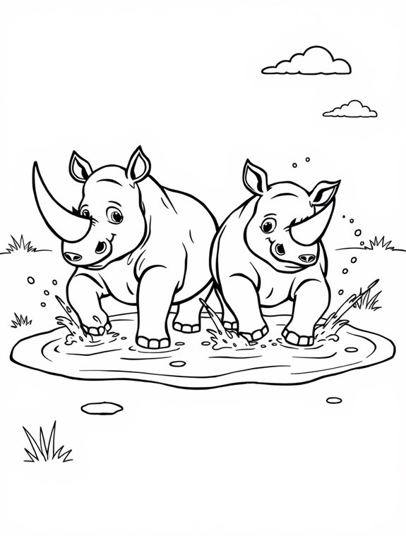 rhinos playing in puddle