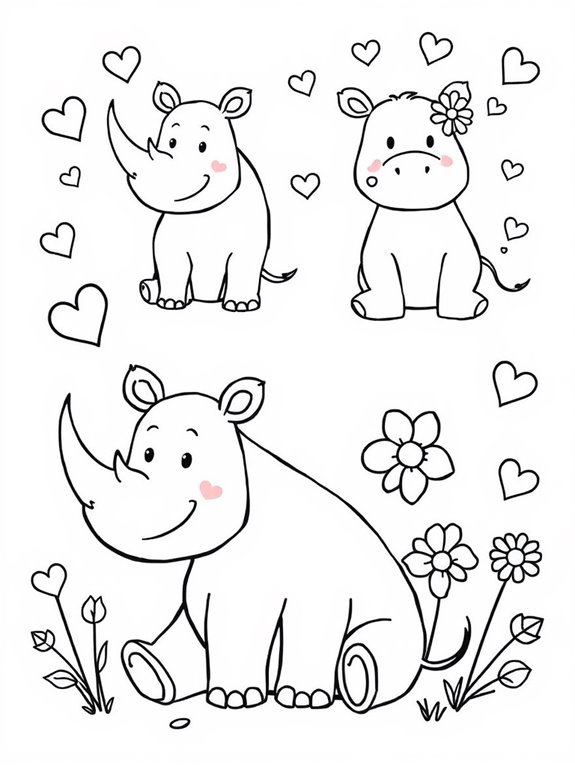 rhinos with hearts and flowers