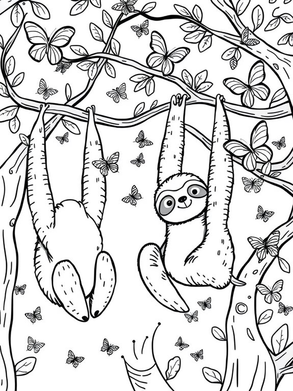 sloths and butterflies coloring page