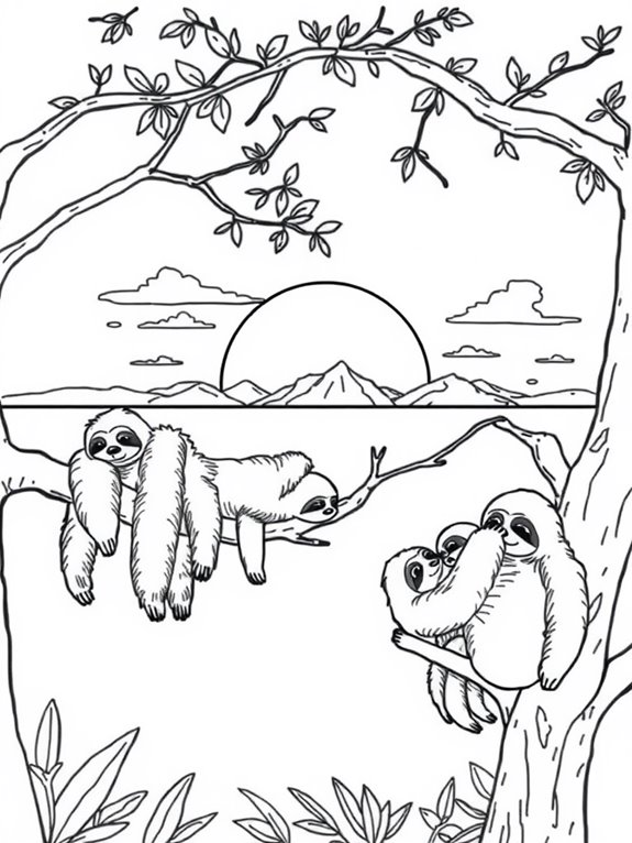 sloths relaxing at sunset