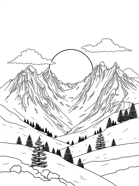 snowy mountain sunset scene