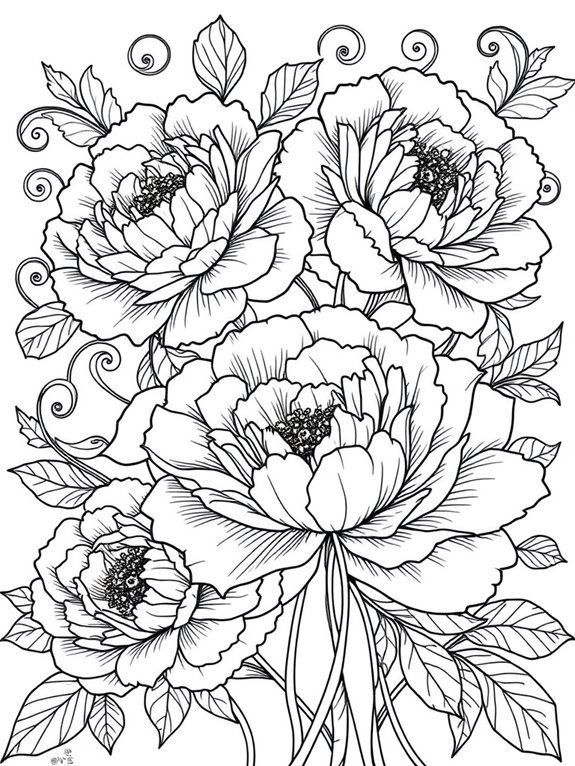 stylized peonies coloring page