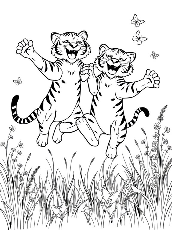 tigers bouncing in meadow