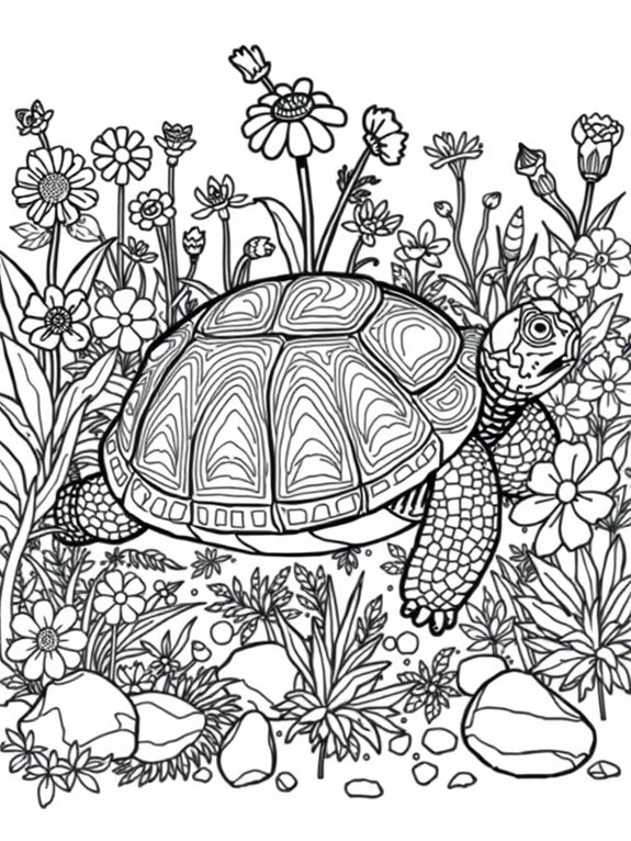 tortoise among colorful plants