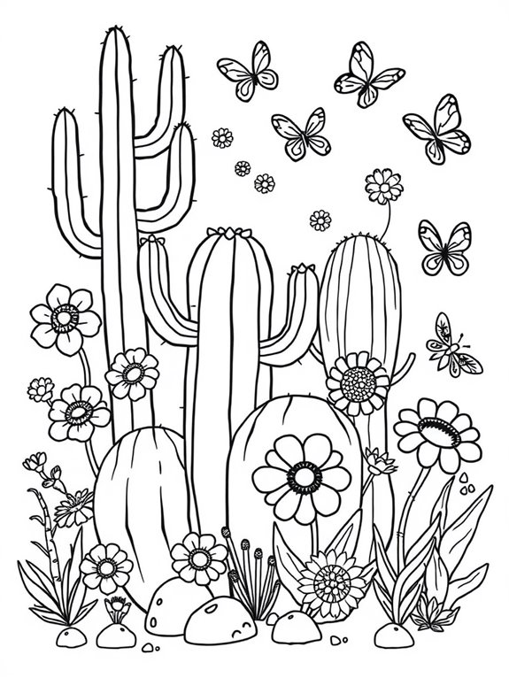 whimsical cacti and flowers