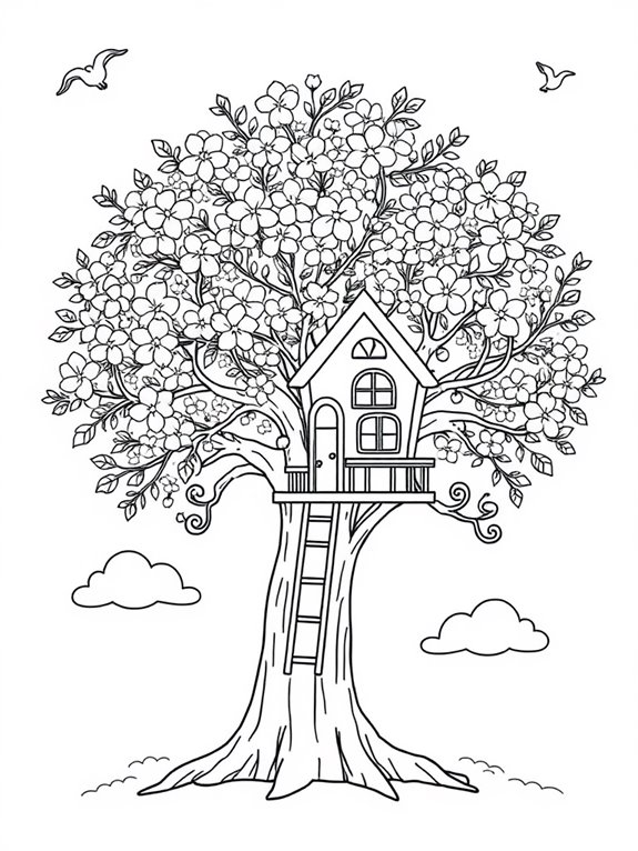 whimsical cherry treehouse scene