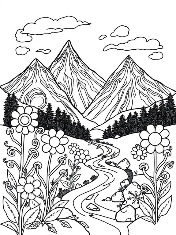 whimsical mountain flower scene