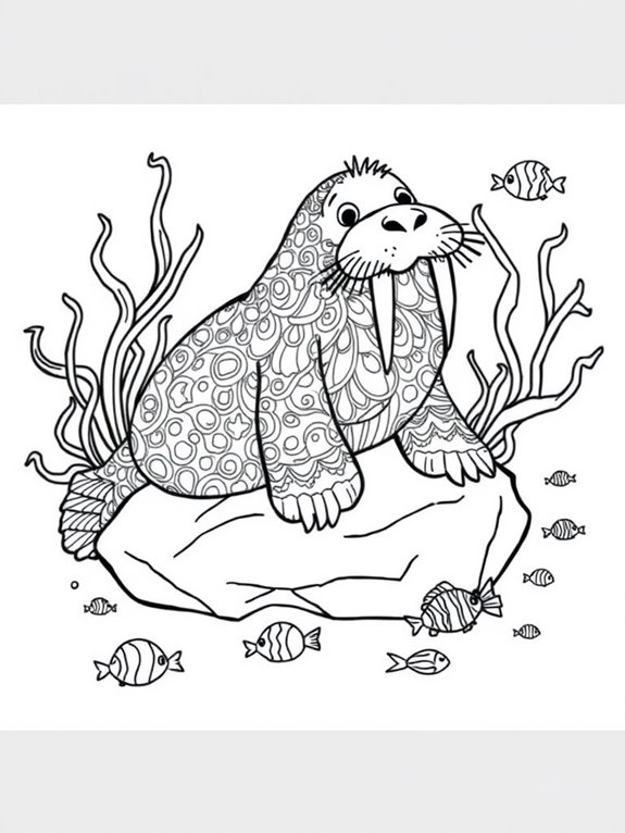 whimsical walrus with seaweed