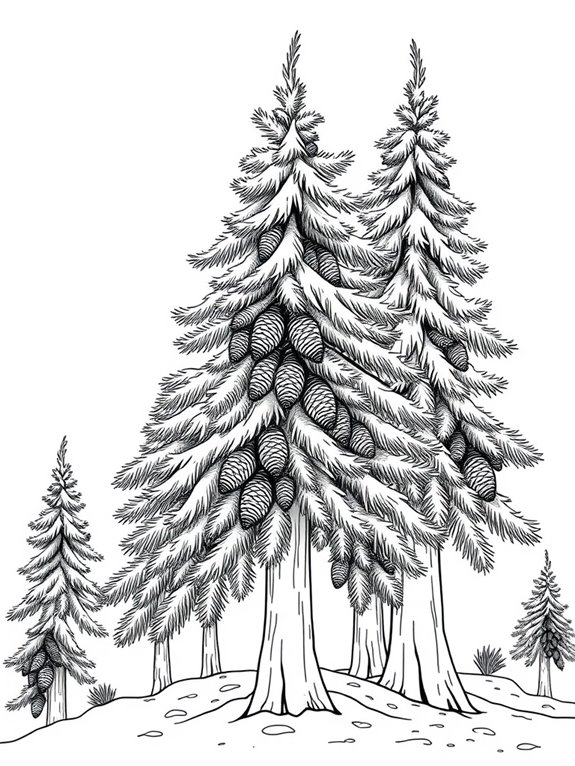 winter trees with pine cones