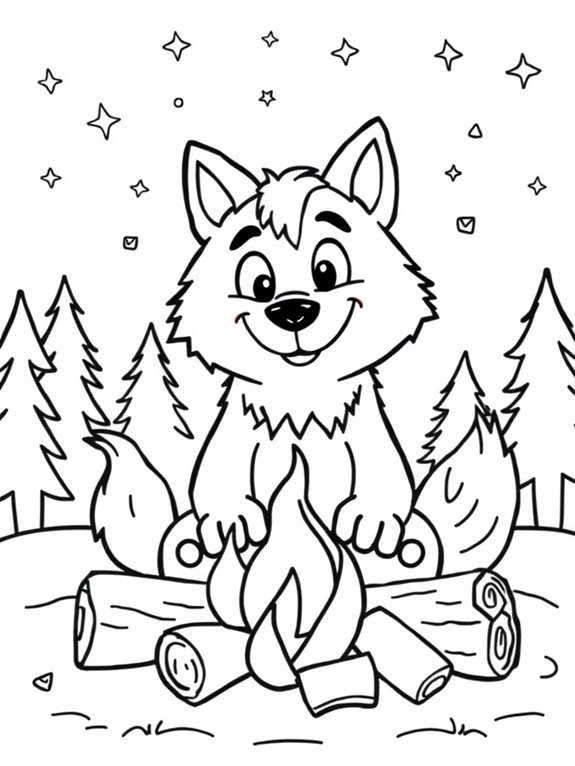 wolf by campfire coloring