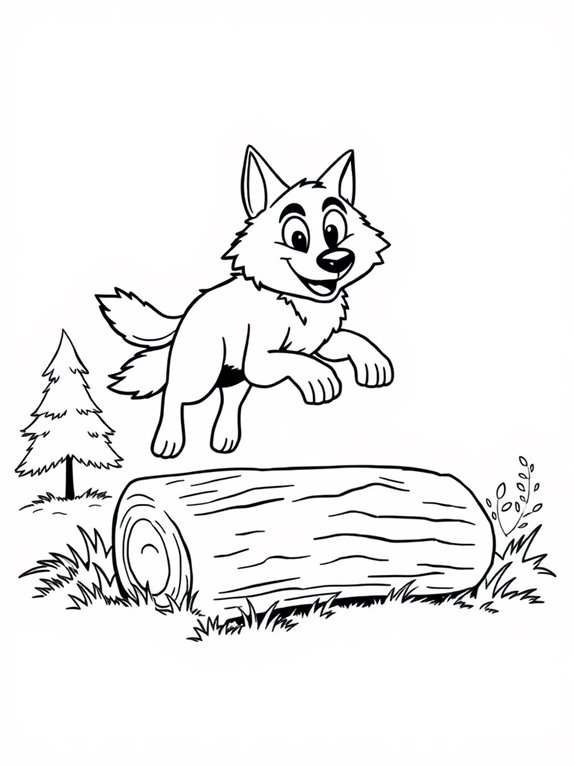 wolf jumping over log