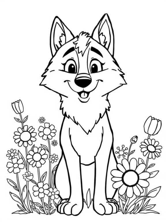 wolf surrounded by flowers