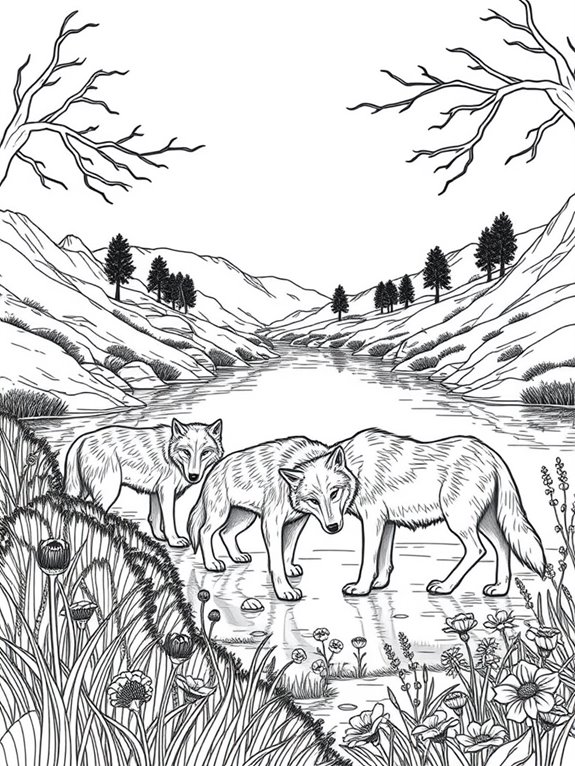 wolves by river coloring page