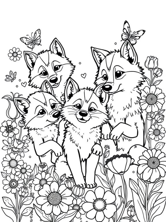 wolves surrounded by flowers