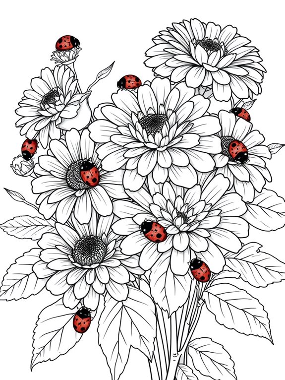 zinnias and ladybugs coloring page