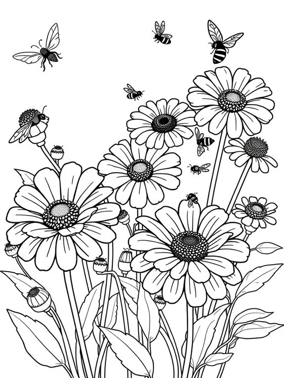 zinnias attract buzzing bees